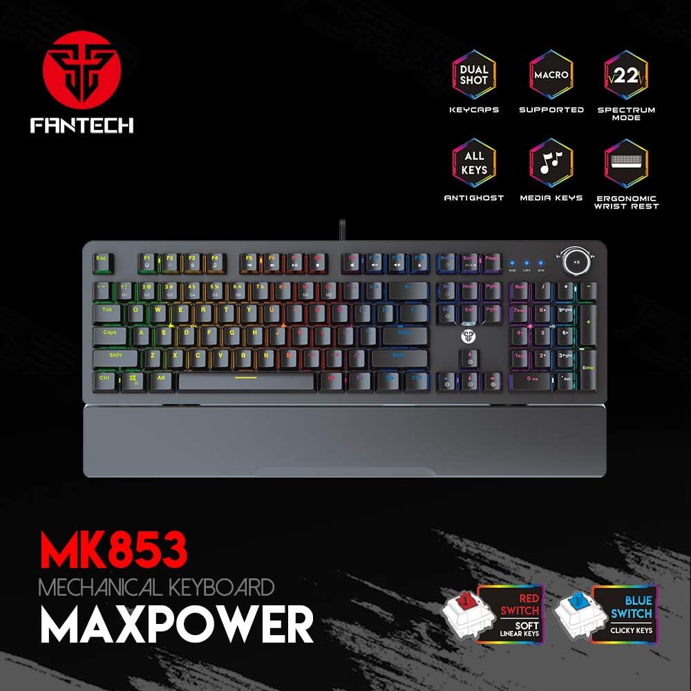 A large marketing image providing additional information about the product Fantech Mechanical Keyboard RGB Backlit with Wrist Rest - Black - Red Switch - Additional alt info not provided